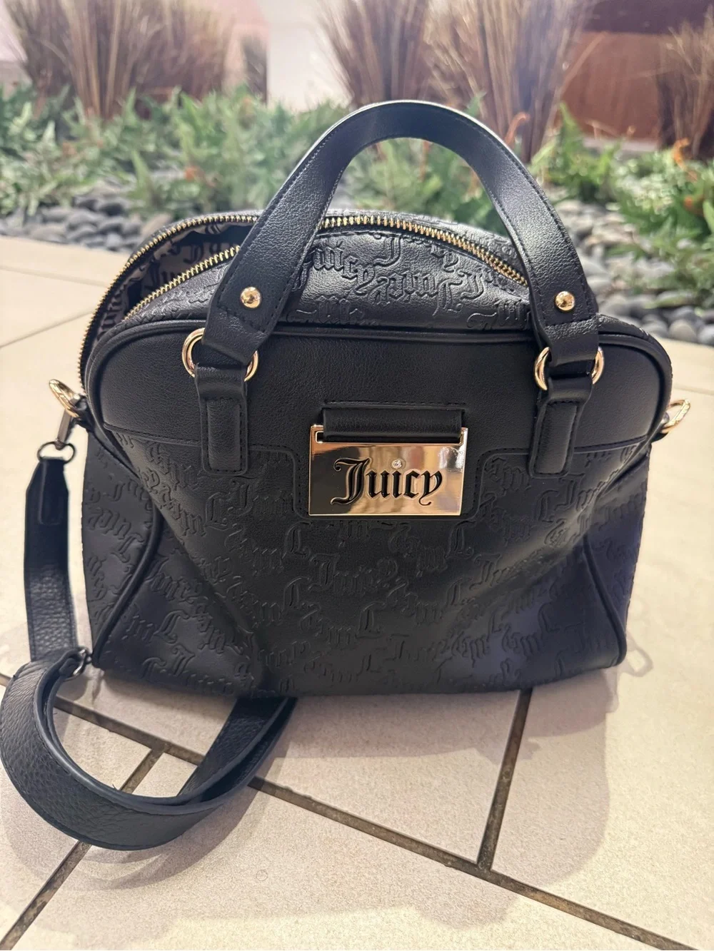Juicy Couture Black Embossed Satchel with Gold Plate